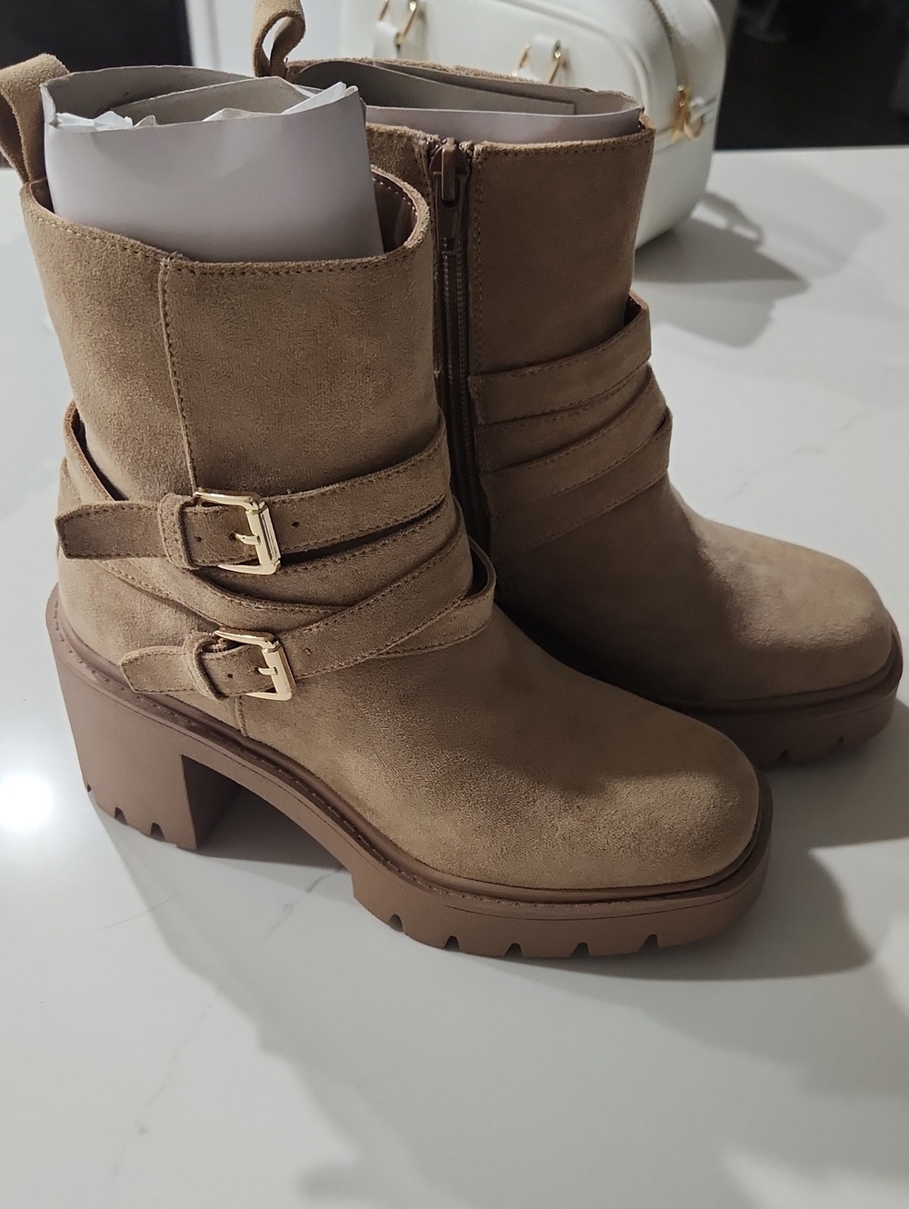 Madden Girl Taupe Suede Chunky Heel Ankle Boots